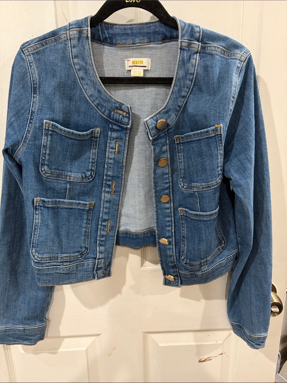 Maeve Medium Blue Collarless Denim Jacket with Patch Pockets